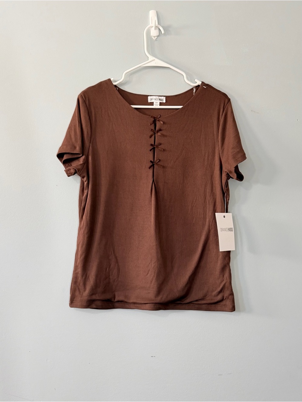 Orange Kiss Womens 2X Brown Ribbed Bow Front Short Sleeve Coquette Top NWT